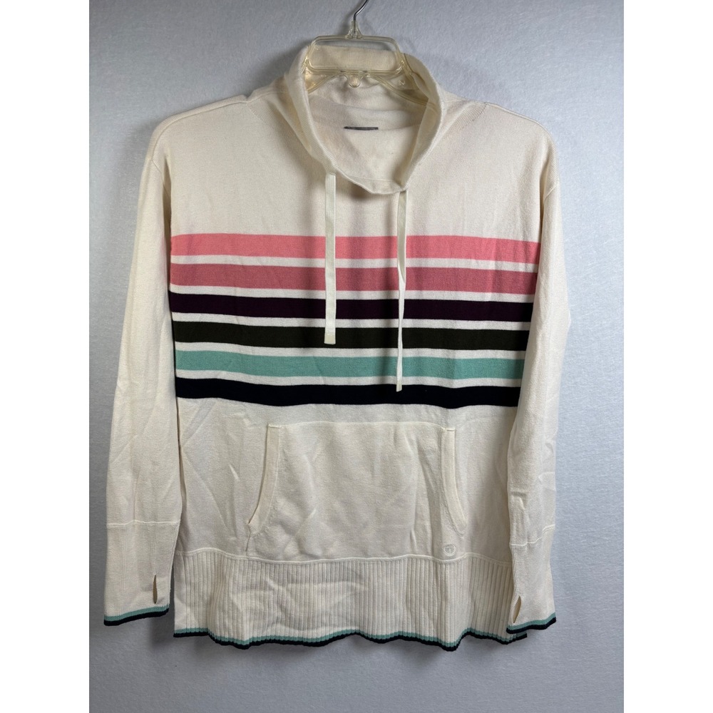 T by Talbots Sweater Womens S Ivory Thermolite Striped Cowl Neck Thumbhole Prep